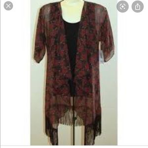 LuLaRoe red/black sheer fringe open front kimono
